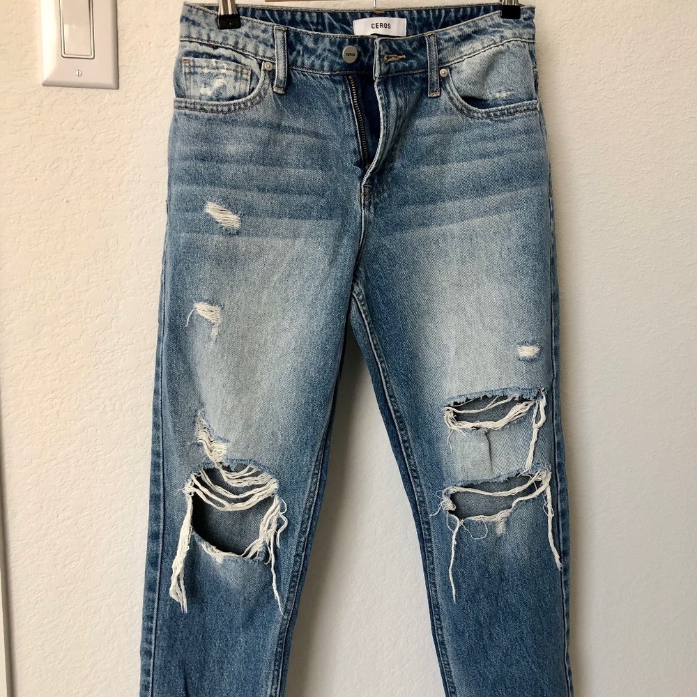 Ceros High-Rise Wide-Leg Distressed Blue Jeans